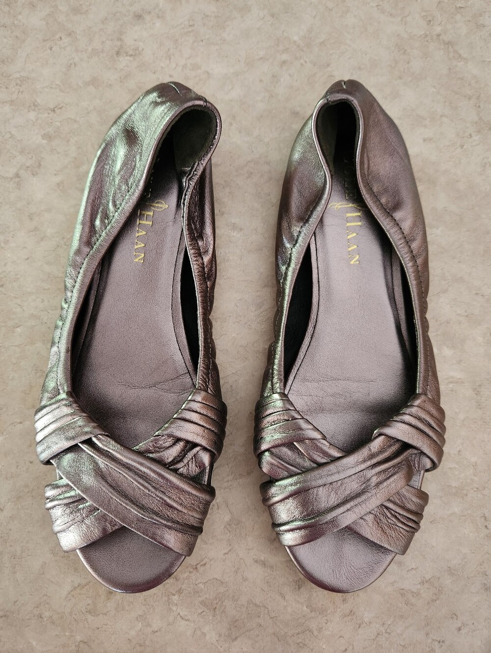 Cole Haan Metallic Pewter Knot Peep-Toe Flats